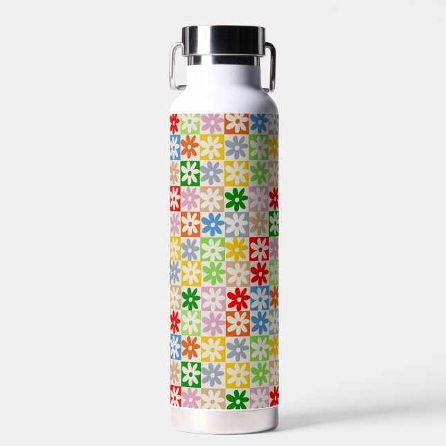 Colorful Bold Aesthetic Checkered Flower Pattern Water Bottle (Front)