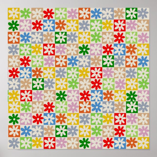 Colorful Bold Checkered Flower Y2K Pattern Poster (Front)