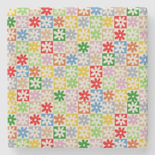 Colorful Bold Checkered Flower Y2K Pattern Stone Coaster (Front)