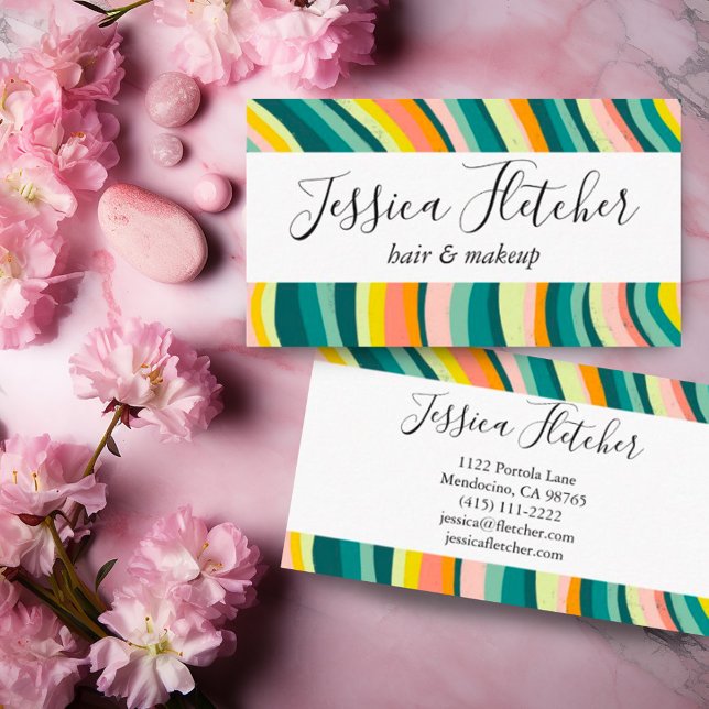 Colorful Bold Curves Stripes Minimalist Elegant Business Card (Colorful stripes and custom script for these unique business cards. Add your own text )