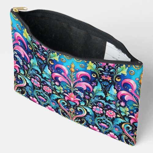 Colorful Bold Damask Print Pink and Blue Accessory Pouch
