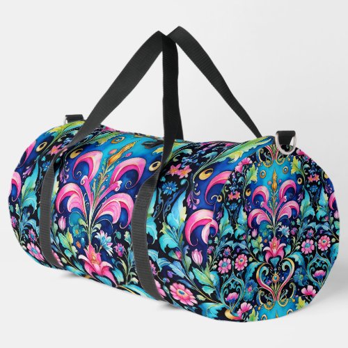 Colorful Bold Damask Print Pink and Blue Duffle Bag