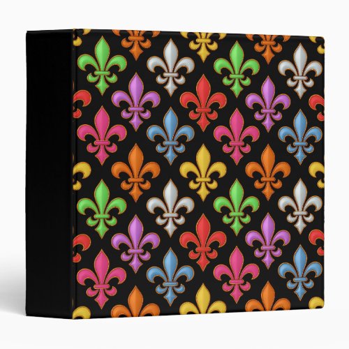 Colorful Bold Fleur-de-lis Flowers Black  3 Ring Binder