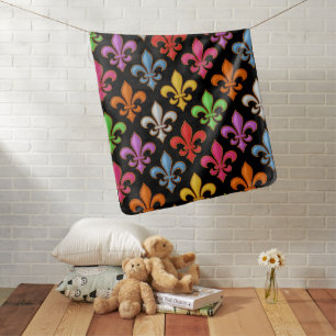 Colorful Bold Fleur-de-lis Flowers Black Baby Blanket