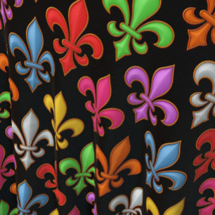 Colorful Bold Fleur-de-lis Flowers Black  Fabric