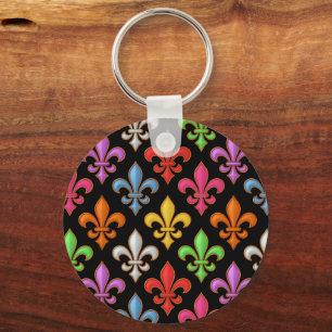 Colorful Bold Fleur-de-lis Flowers Black Keychain