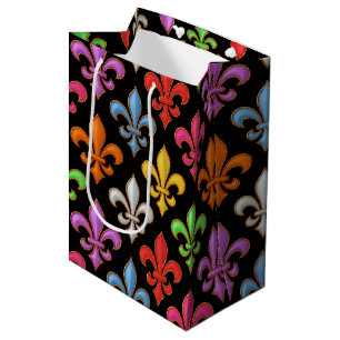 Colorful Bold Fleur-de-lis Flowers Black Medium Gift Bag