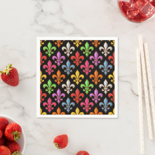 Colorful Bold Fleur-de-lis Flowers Black Napkins