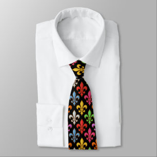 Colorful Bold Fleur-de-lis Flowers Black Neck Tie