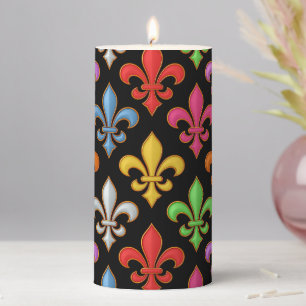 Colorful Bold Fleur-de-lis Flowers Black Pillar Candle