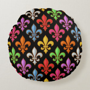 Colorful Bold Fleur-de-lis Flowers Black Round Pillow