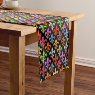 Colorful Bold Fleur-de-lis Flowers Black Short Table Runner