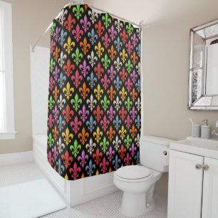 Colorful Bold Fleur-de-lis Flowers Black Shower Curtain