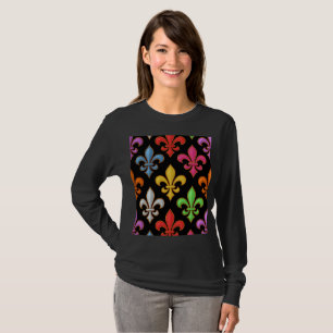 Colorful Bold Fleur-de-lis Flowers Black T-Shirt