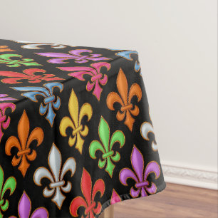 Colorful Bold Fleur-de-lis Flowers Black Tablecloth