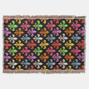 Colorful Bold Fleur-de-lis Flowers Black Throw Blanket