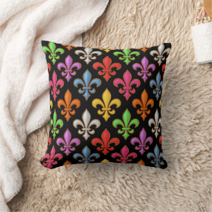 Colorful Bold Fleur-de-lis Flowers Black Throw Pillow
