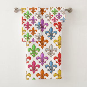 Colorful Bold Fleur-de-lis Flowers White Bath Towel Set
