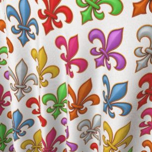 Colorful Bold Fleur-de-lis Flowers White Fabric