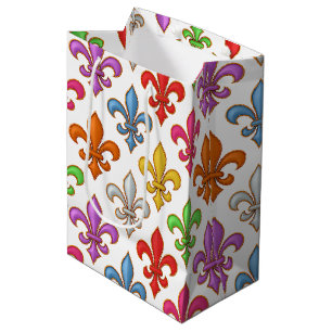 Colorful Bold Fleur-de-lis Flowers White Medium Gift Bag