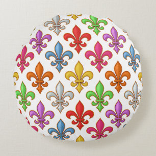 Colorful Bold Fleur-de-lis Flowers White Round Pillow