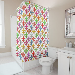 Colorful Bold Fleur-de-lis Flowers White Shower Curtain