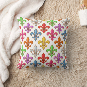 Colorful Bold Fleur-de-lis Flowers White Throw Pillow