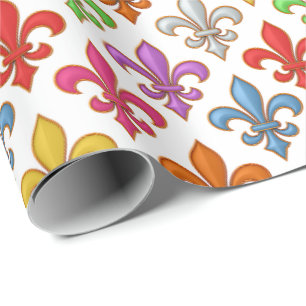 Colorful Bold Fleur-de-lis Flowers White Wrapping Paper