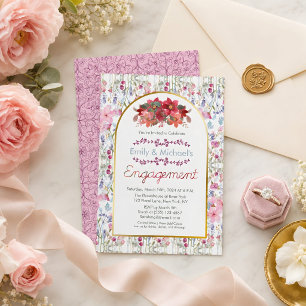 Colorful Bold Floral Blooms Gold Engagement Party Invitation