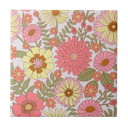 Colorful Bold Floral Pattern Pink Flowers Ceramic Tile
