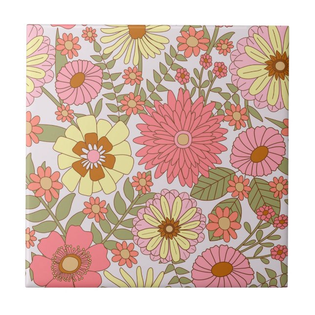 Colorful Bold Floral Pattern Pink Flowers Ceramic Tile (Front)
