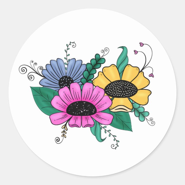 Colorful, Bold Florals Classic Round Sticker (Front)