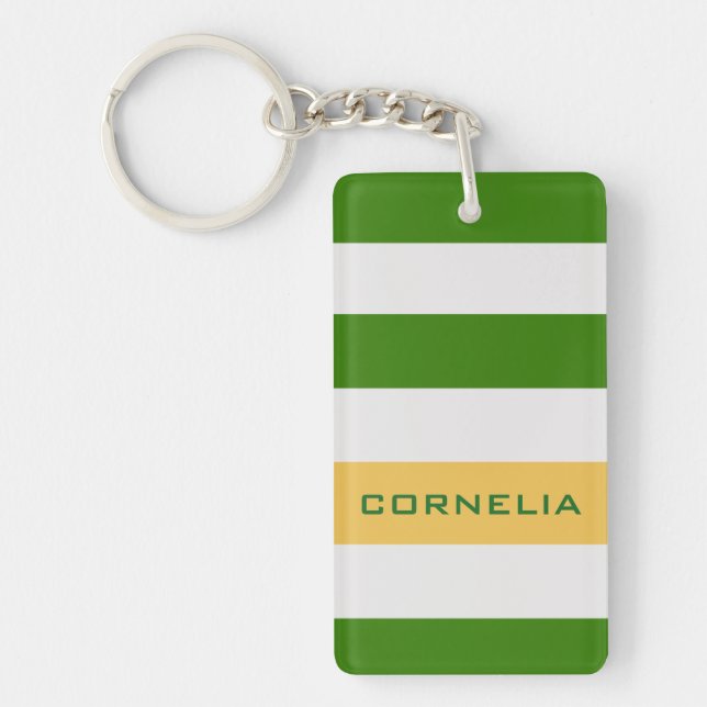 Colorful Bold Green Stripes with Custom Name Keychain (Front)