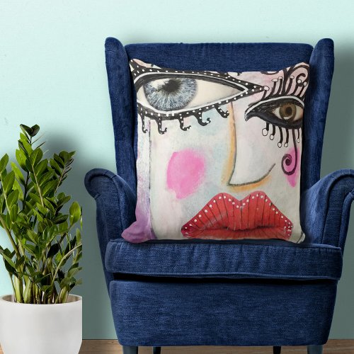 Colorful Bold Lip Quirky Eyes Collage Art Graffiti Throw Pillow