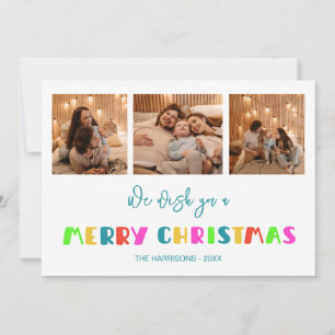 Colorful Bold Merry Christmas Three Photos Holiday Card
