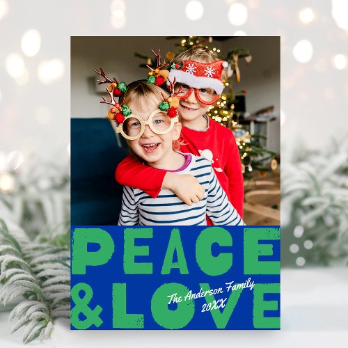 Colorful Bold Peace  Love Blue Green Photo Holiday Card