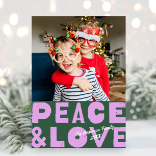 Colorful Bold Peace & Love Green Purple Photo Holiday Card