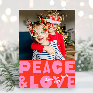 Colorful Bold Peace & Love  Red Pink Photo Holiday Card