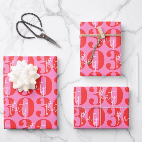 Colorful Bold Pink and Red 30th Birthday  Wrapping Paper Sheets