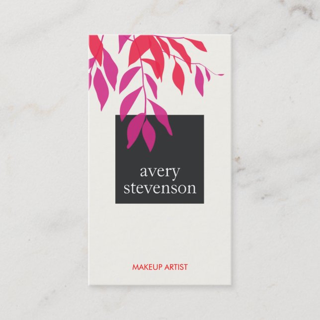 Colorful Bold Pink and Red Leaves Modern Beauty Business Card (Front)