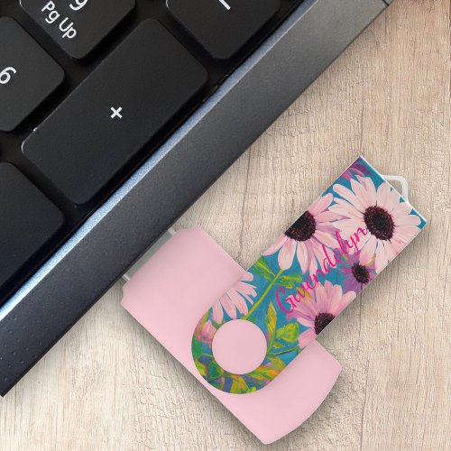 Colorful Bold Pink Daisy Blossom Oil painting Art Flash Drive