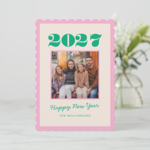 Colorful Bold Pink Green Two Photo 2026 New Year Holiday Card
