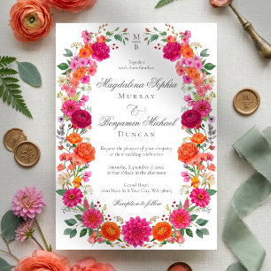 Colorful Bold Pink & Orange Floral Garden Wedding Invitation