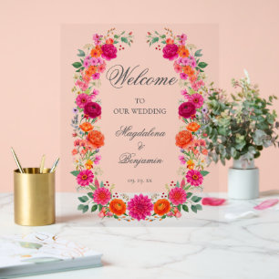 Colorful Bold Pink & Orange Floral Wedding Welcome Acrylic Sign