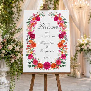 Colorful Bold Pink & Orange Floral Wedding Welcome Foam Board