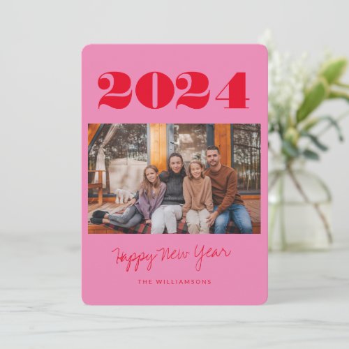 Colorful Bold Pink Red Two Photo 2023 New Year Holiday Card