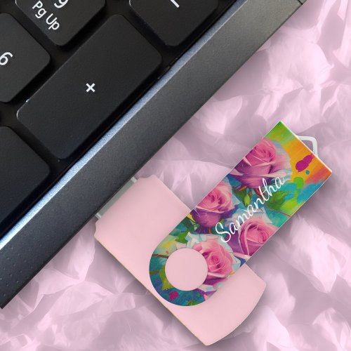 Colorful Bold Pink Rose Blossoms Oil painting Art Flash Drive