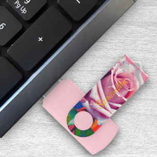 Colorful Bold Pink Rose Blossoms Oil painting Art Flash Drive