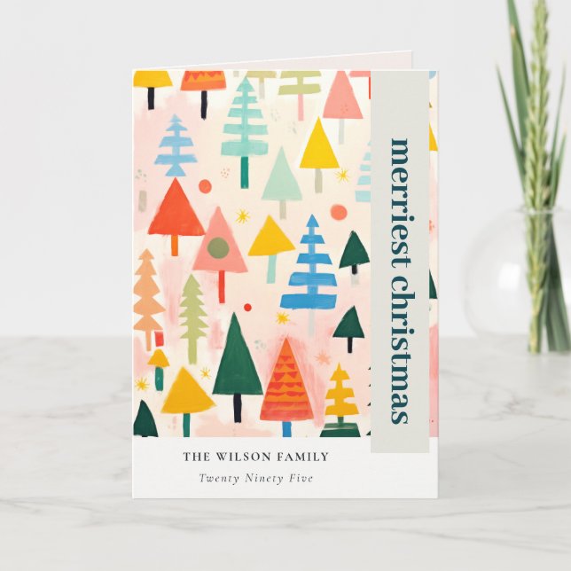 Colorful Bold Retro Abstract Christmas Landscape Holiday Card (Front)