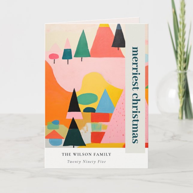 Colorful Bold Retro Abstract Christmas Landscape Holiday Card (Front)